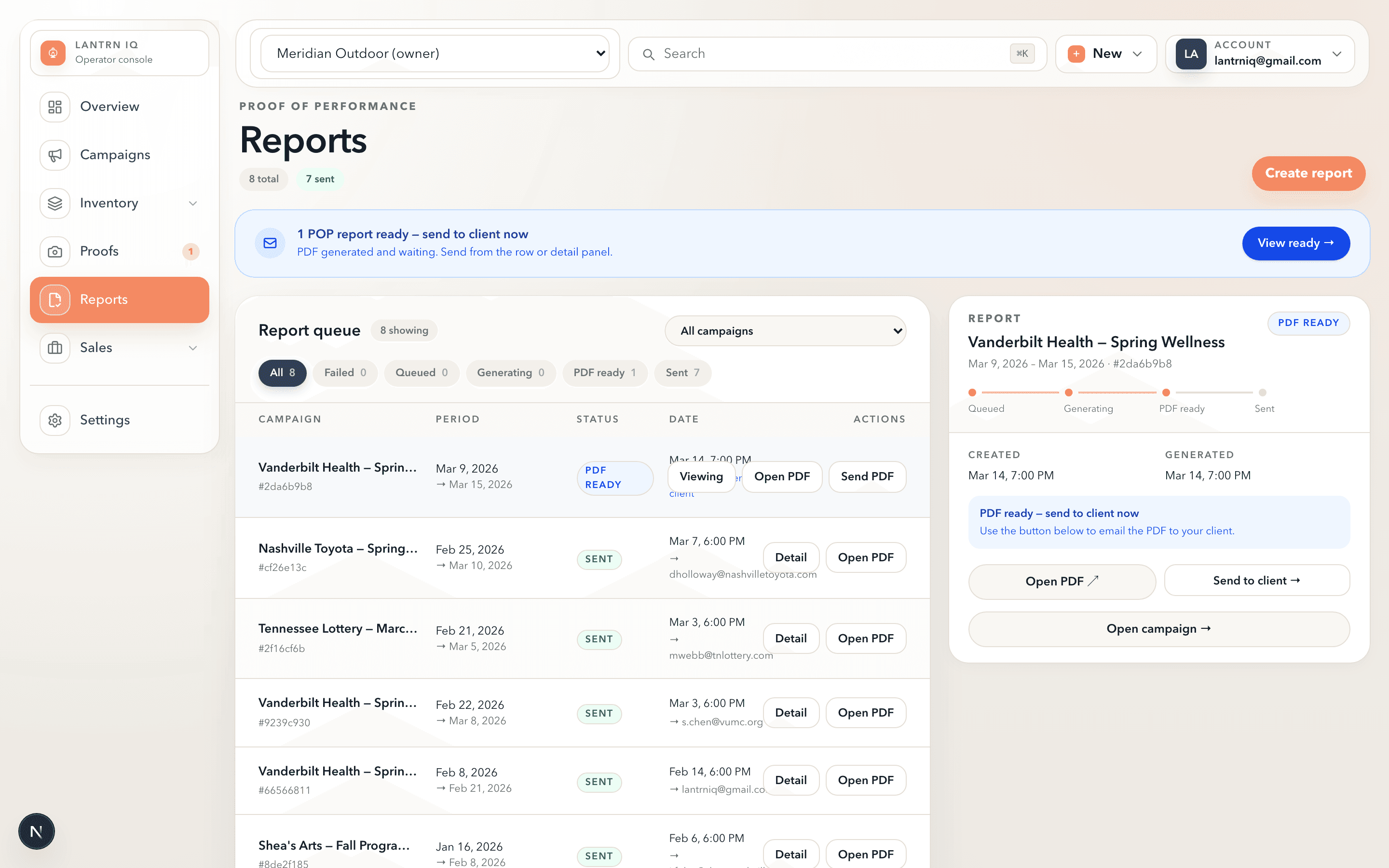 Lantrn IQ POP reports — report pipeline showing queued, generating, and sent reports with one-click email delivery